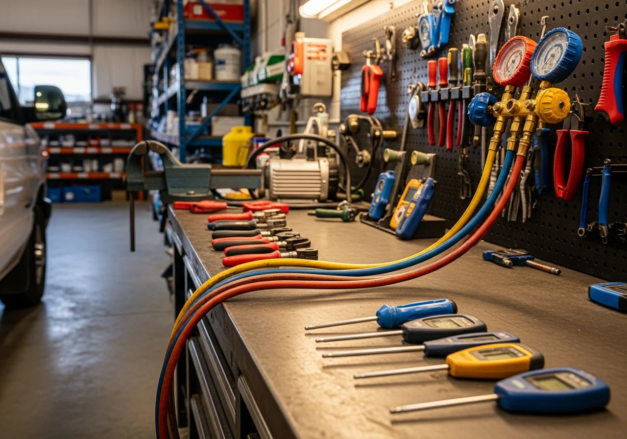 HVAC technician tools and equipment on a workbench, representing professional heating and cooling service.
