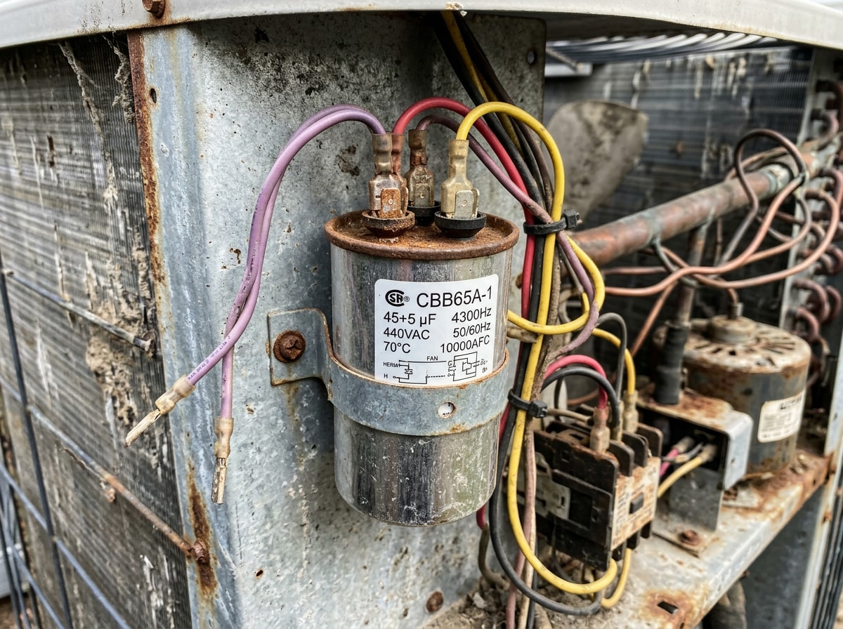 Close-up of an AC run capacitor inside an open condenser access panel