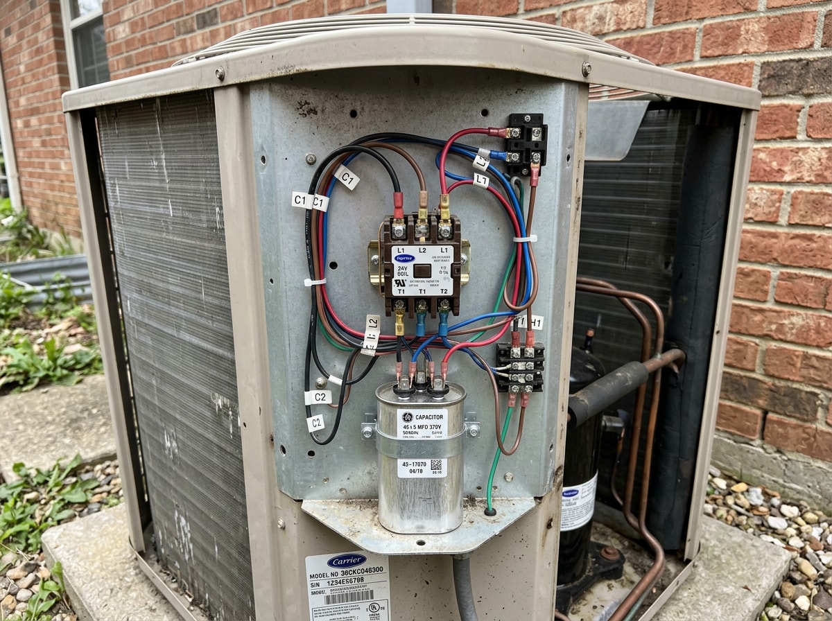 Technician pointing to the location of an AC capacitor behind a removed access panel
