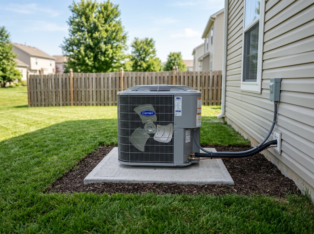 Clean, debris-free outdoor AC condenser unit with clear space on all sides
