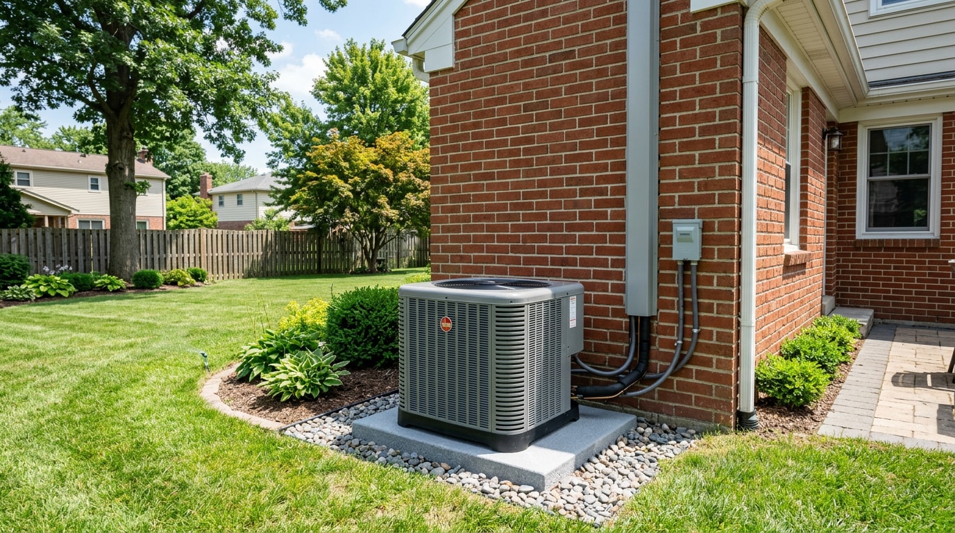Outdoor residential AC condenser unit beside a house in Lee's Summit, MO