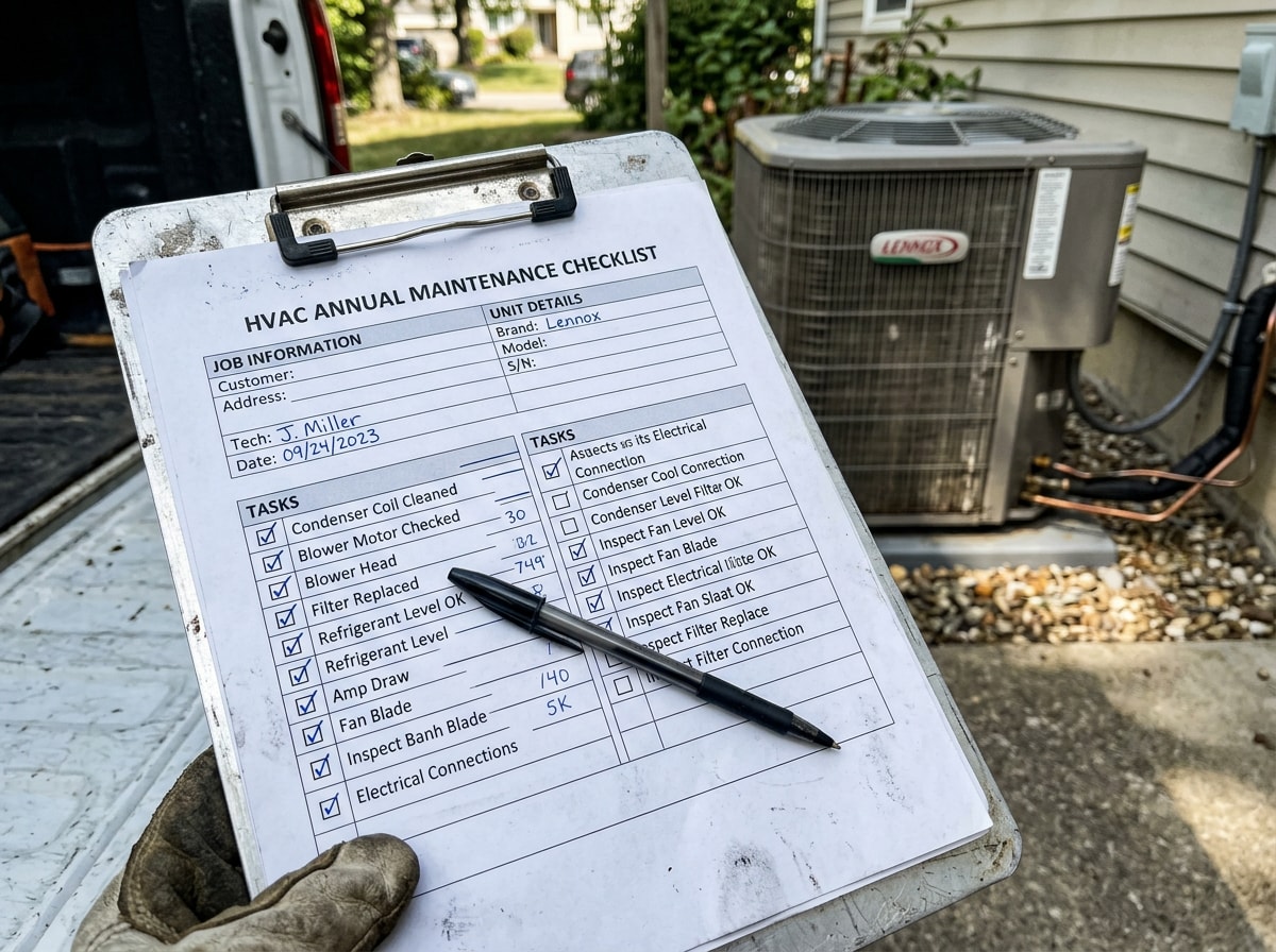 Technician's clipboard showing a completed annual HVAC maintenance checklist beside an outdoor AC unit