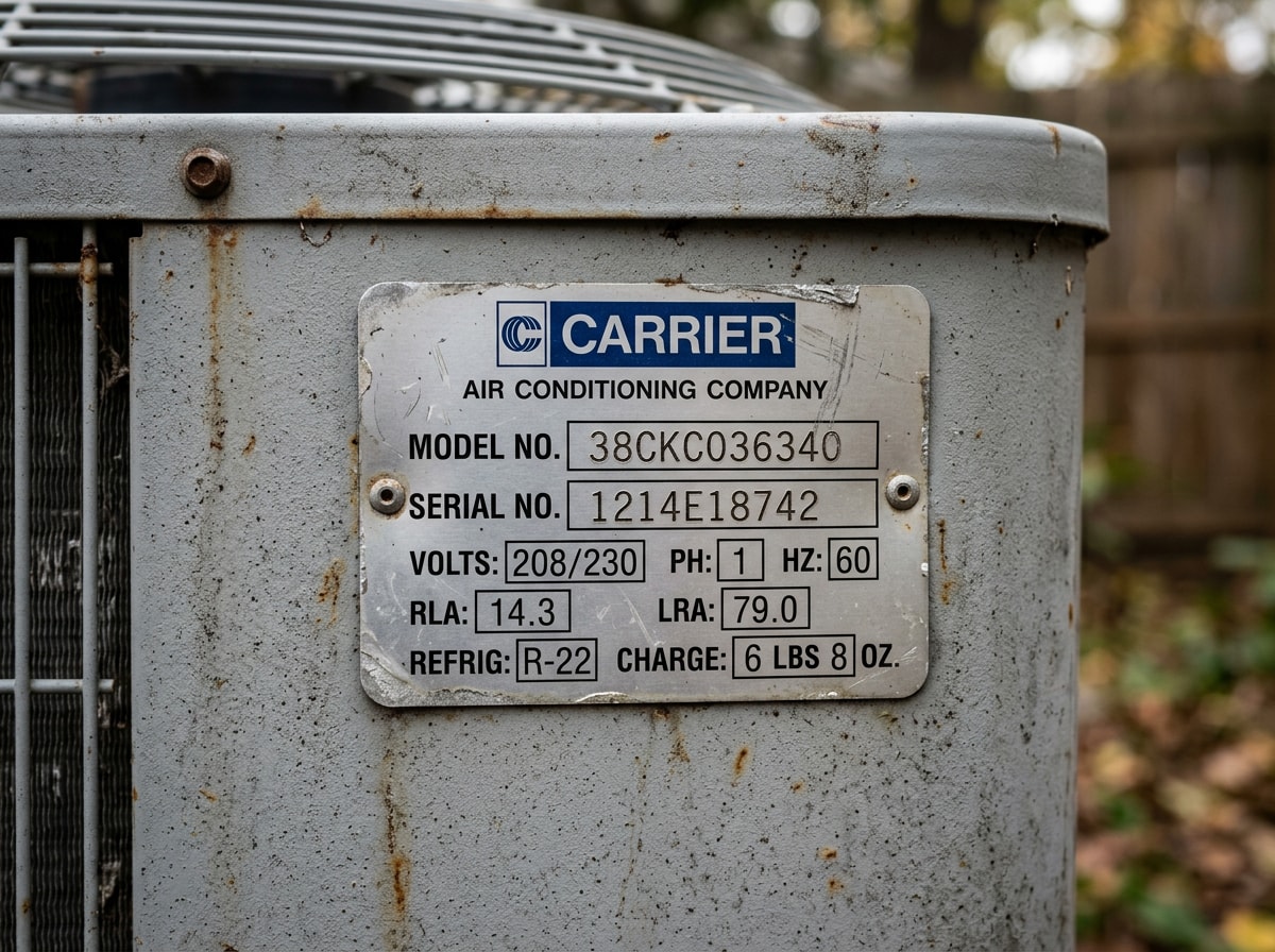 Close-up of an outdoor AC condenser nameplate showing the model and serial number used to verify warranty status
