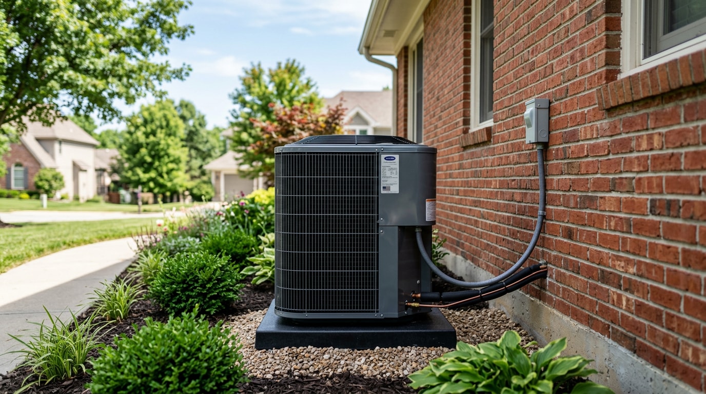 Residential AC condenser unit installed outside a home in Olathe, KS