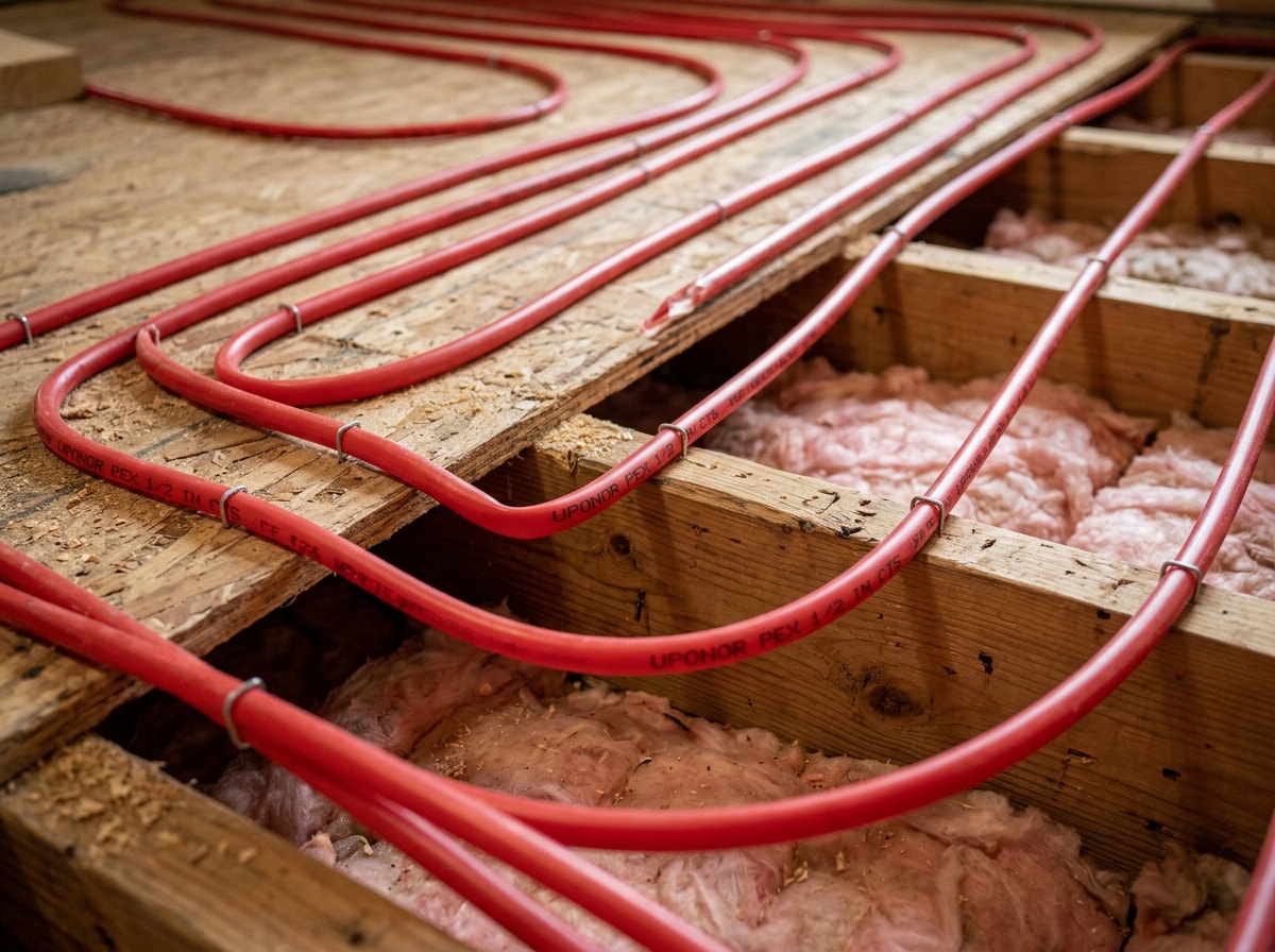 Close-up of installed hydronic radiant floor heating tubing beneath a residential subfloor in Olathe, KS