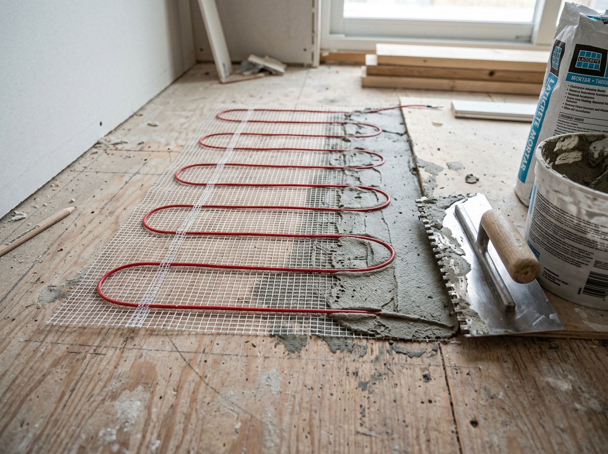 Technician installing electric radiant heating mat under tile flooring during a home renovation