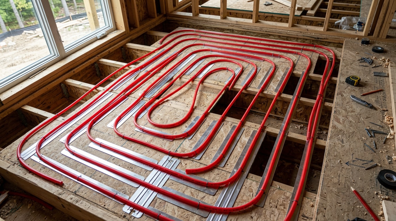 Hydronic radiant floor heating tubing installed across a residential subfloor Hydronic radiant floor heating tubing installed across a residential subfloor