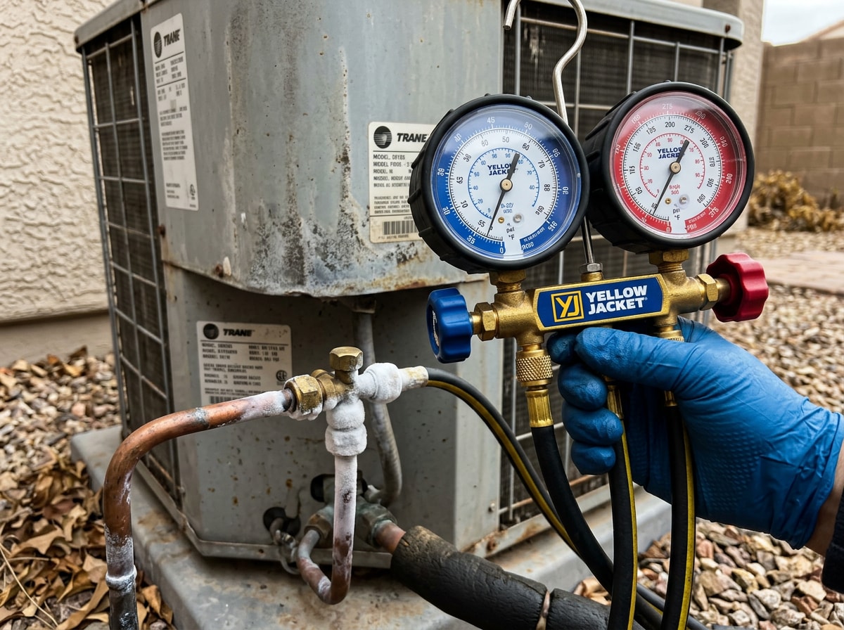 Technician checking an outdoor AC condenser unit for refrigerant leak signs