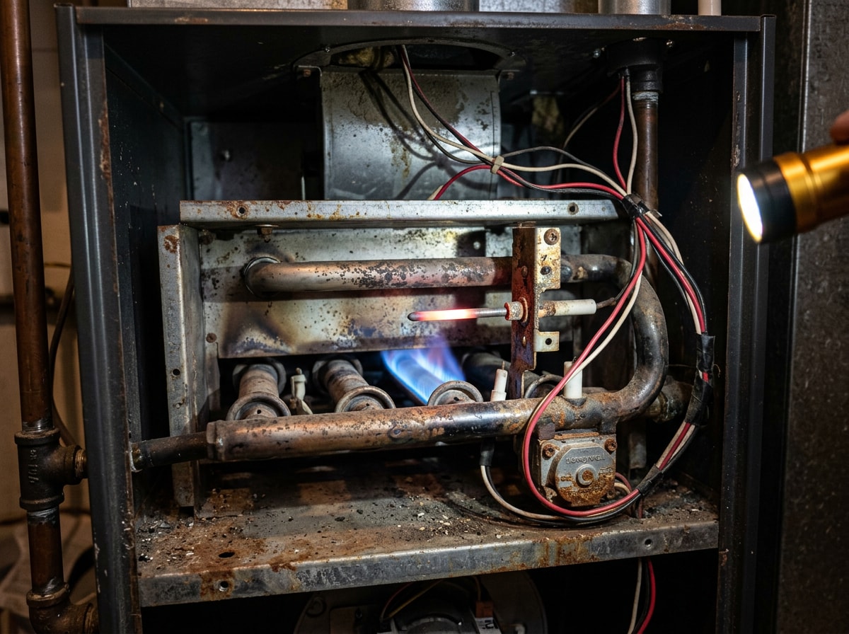 Close-up of a furnace burner and flame sensor during a repair inspection