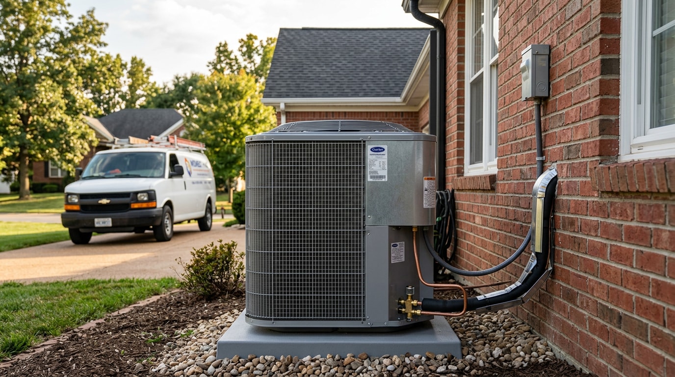 Residential heating and air conditioning unit outside an Independence, MO home
