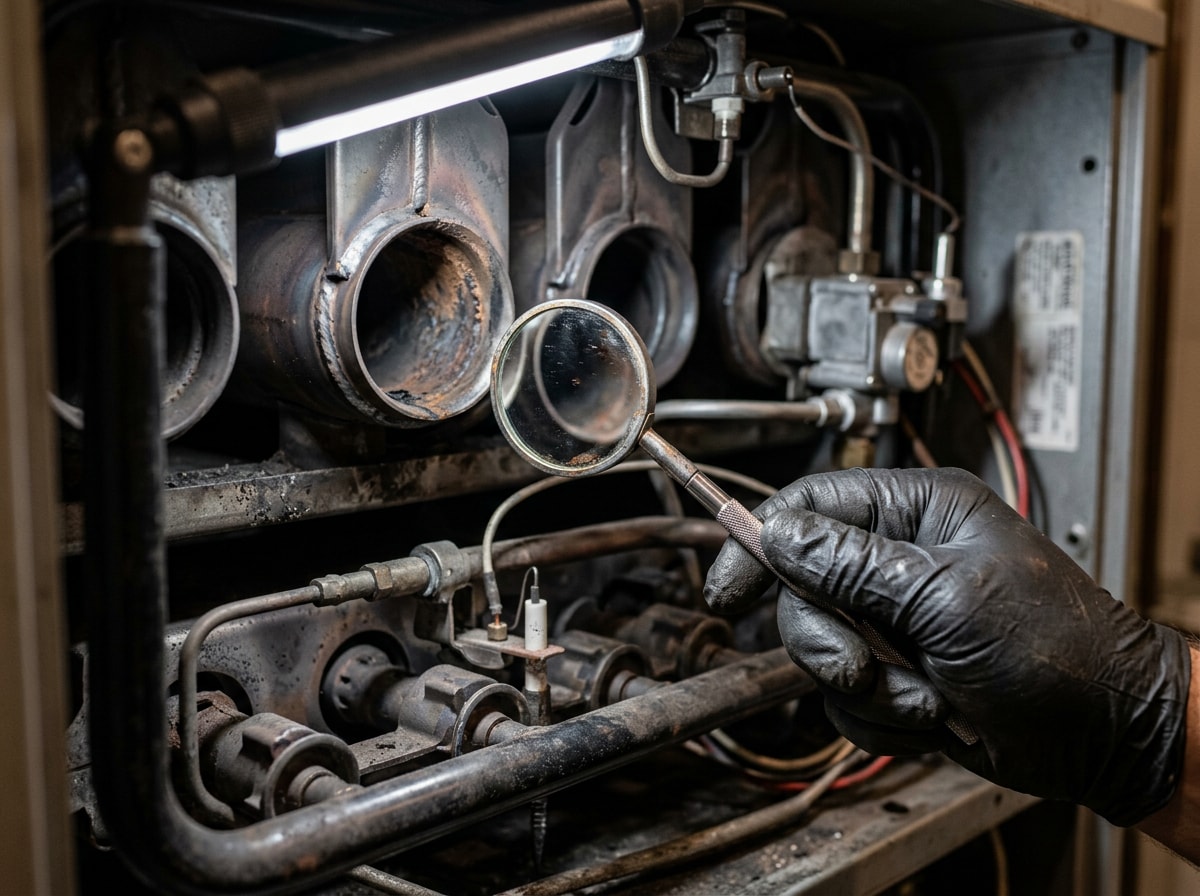 HVAC technician inspecting a gas furnace heat exchanger during a Kansas City maintenance visit