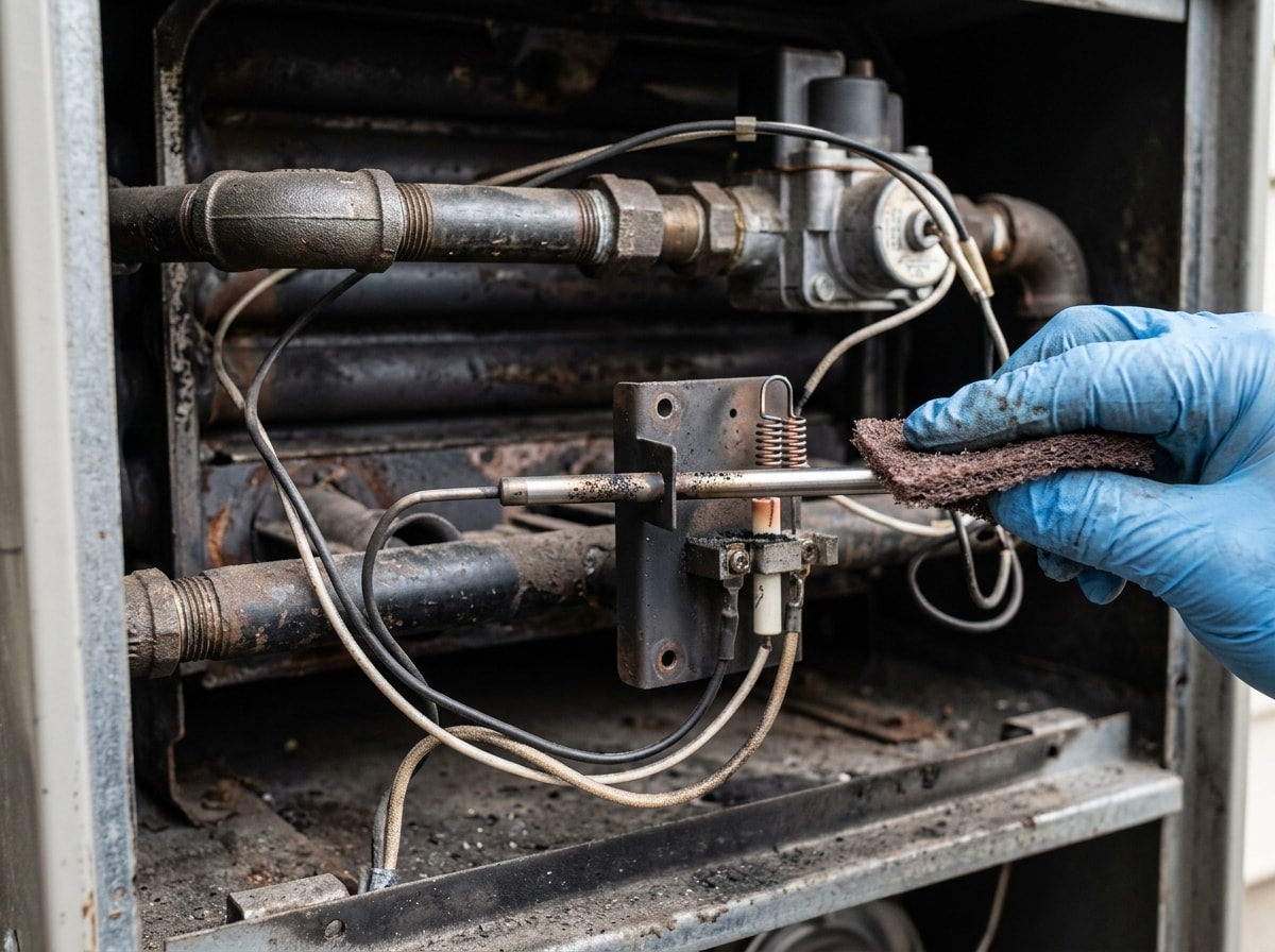 Technician testing a furnace flame sensor and ignitor as part of a maintenance checklist