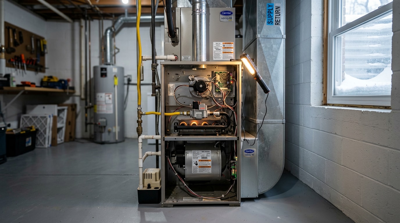 Residential gas furnace with access panel open in a Kansas City home basement Residential gas furnace with access panel open in a Kansas City home basement