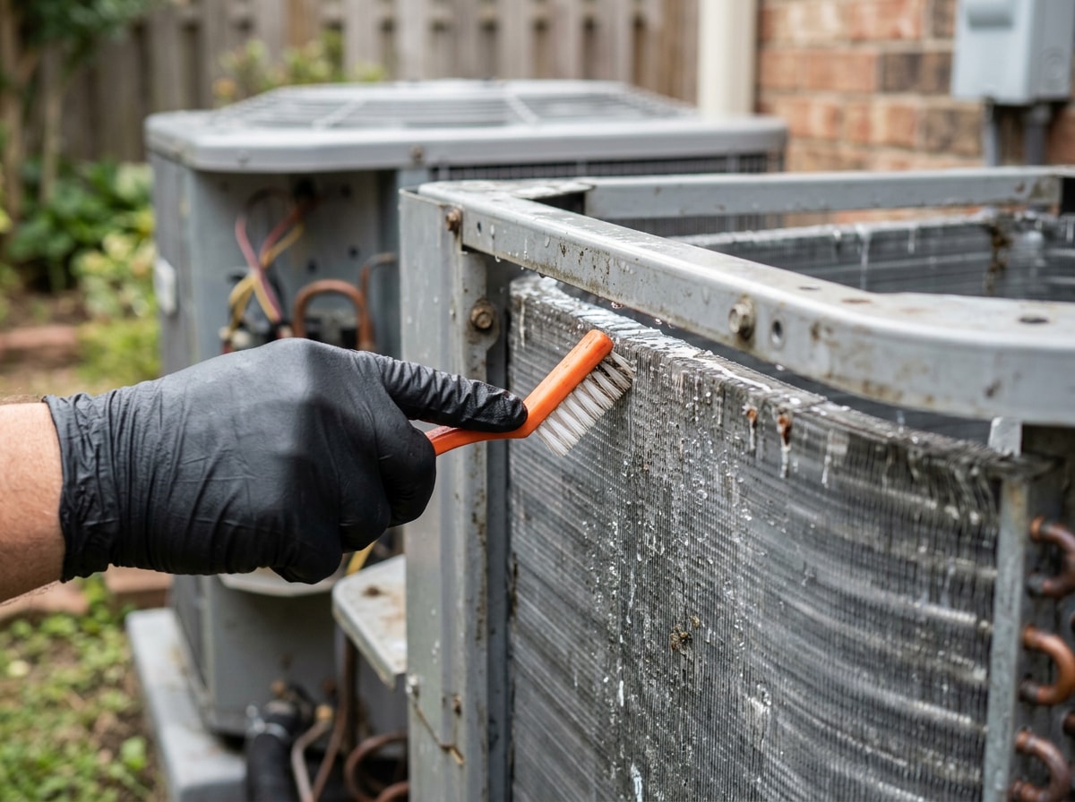 Technician cleaning an outdoor condenser coil during an air conditioning maintenance visit