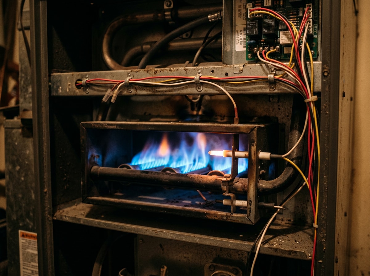 Close-up of a technician testing furnace burner flame and safety controls