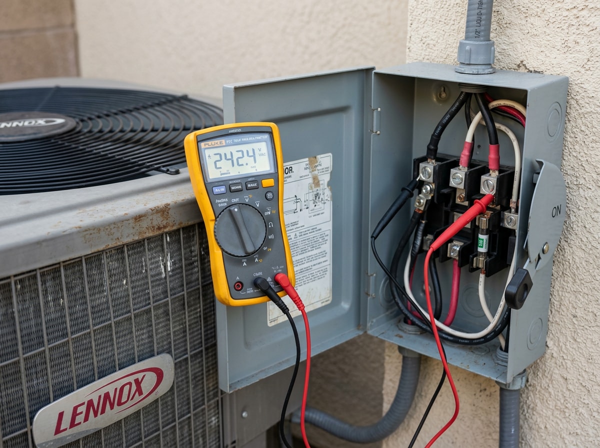 Technician using a multimeter to check electrical connections on an HVAC unit