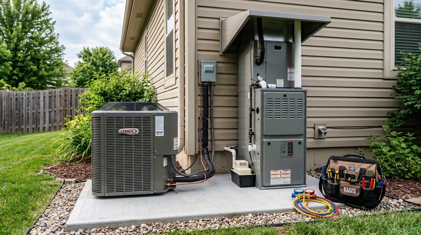 Residential air conditioner and furnace units representing an HVAC maintenance agreement in Overland Park, KS Residential air conditioner and furnace units representing an HVAC maintenance agreement in Overland Park, KS