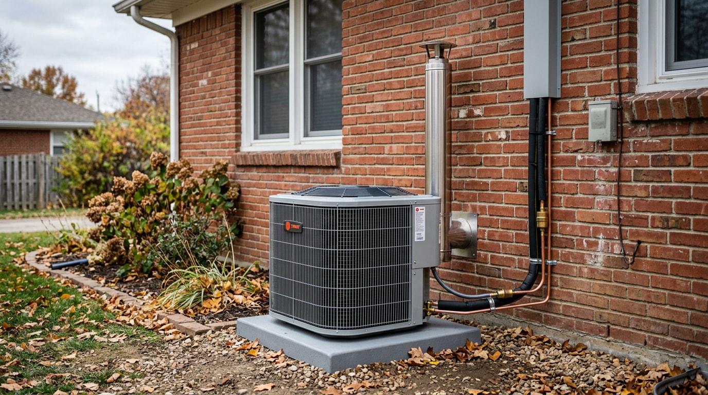 Heat pump condenser unit installed beside a gas furnace vent outside a Blue Springs, MO home as part of a hybrid heating system