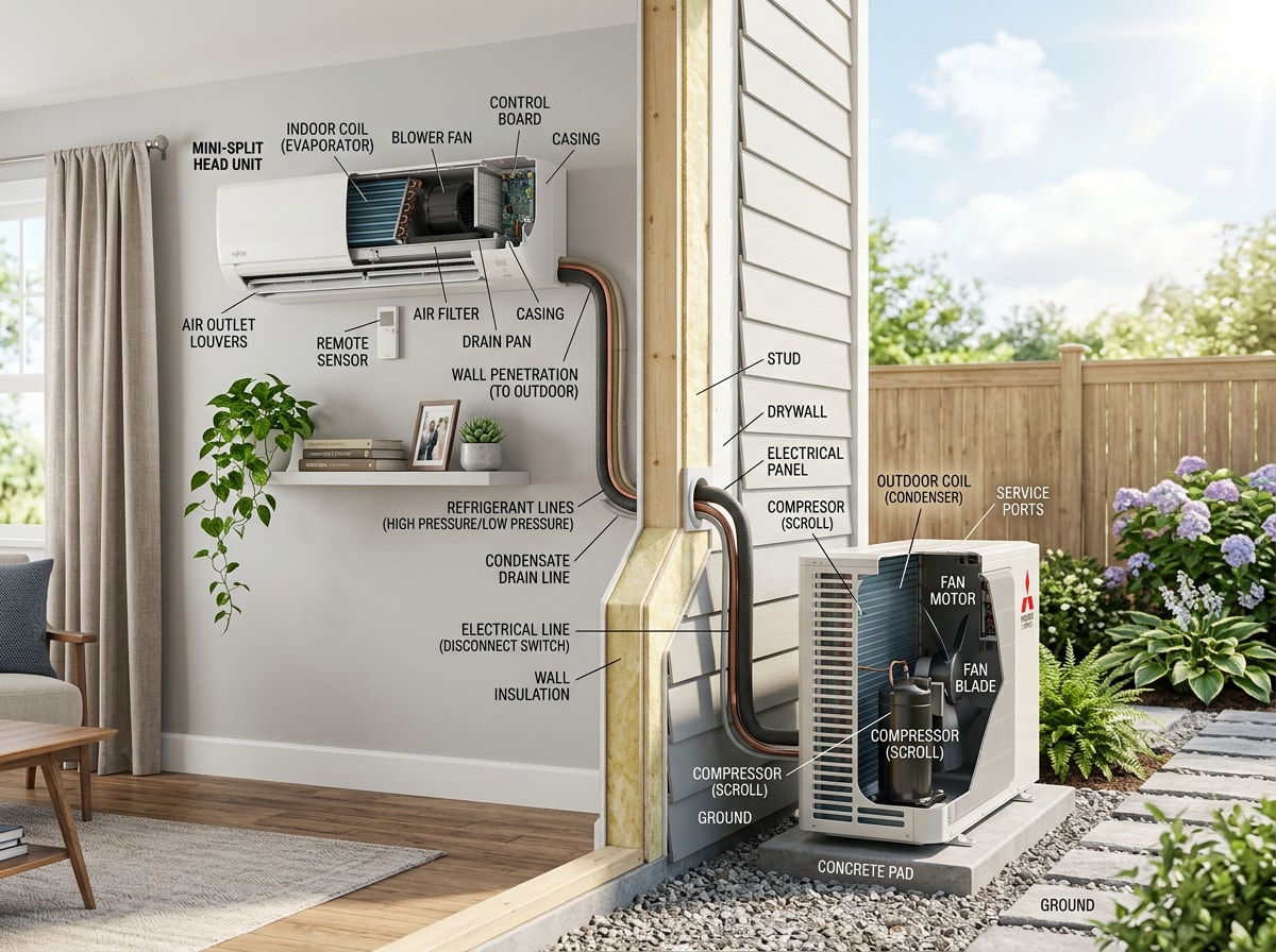Diagram showing indoor unit, outdoor unit, and refrigerant line connection of a ductless mini-split system