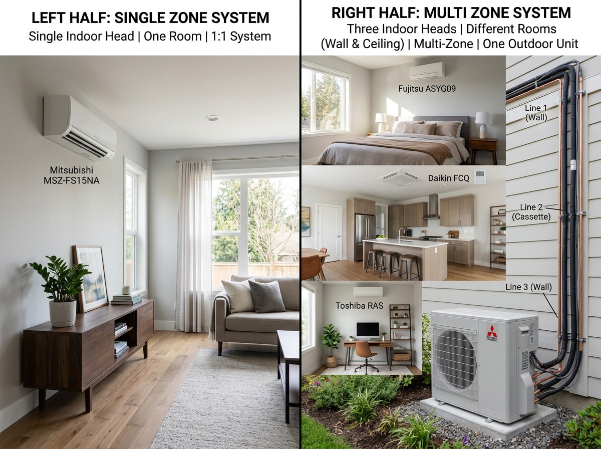 Side-by-side comparison graphic of a single-zone versus multi-zone ductless mini-split setup