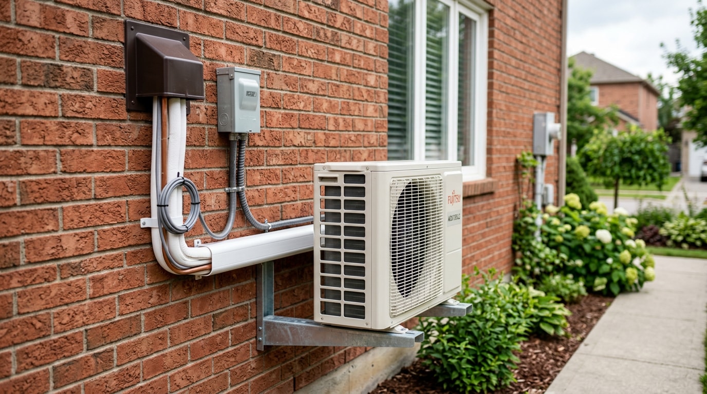 Ductless mini-split outdoor condenser unit freshly installed on an exterior wall