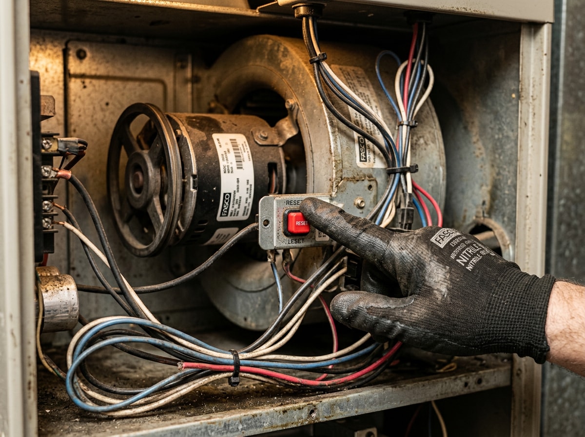 Technician's hand pressing a red furnace reset button inside an open blower compartment
