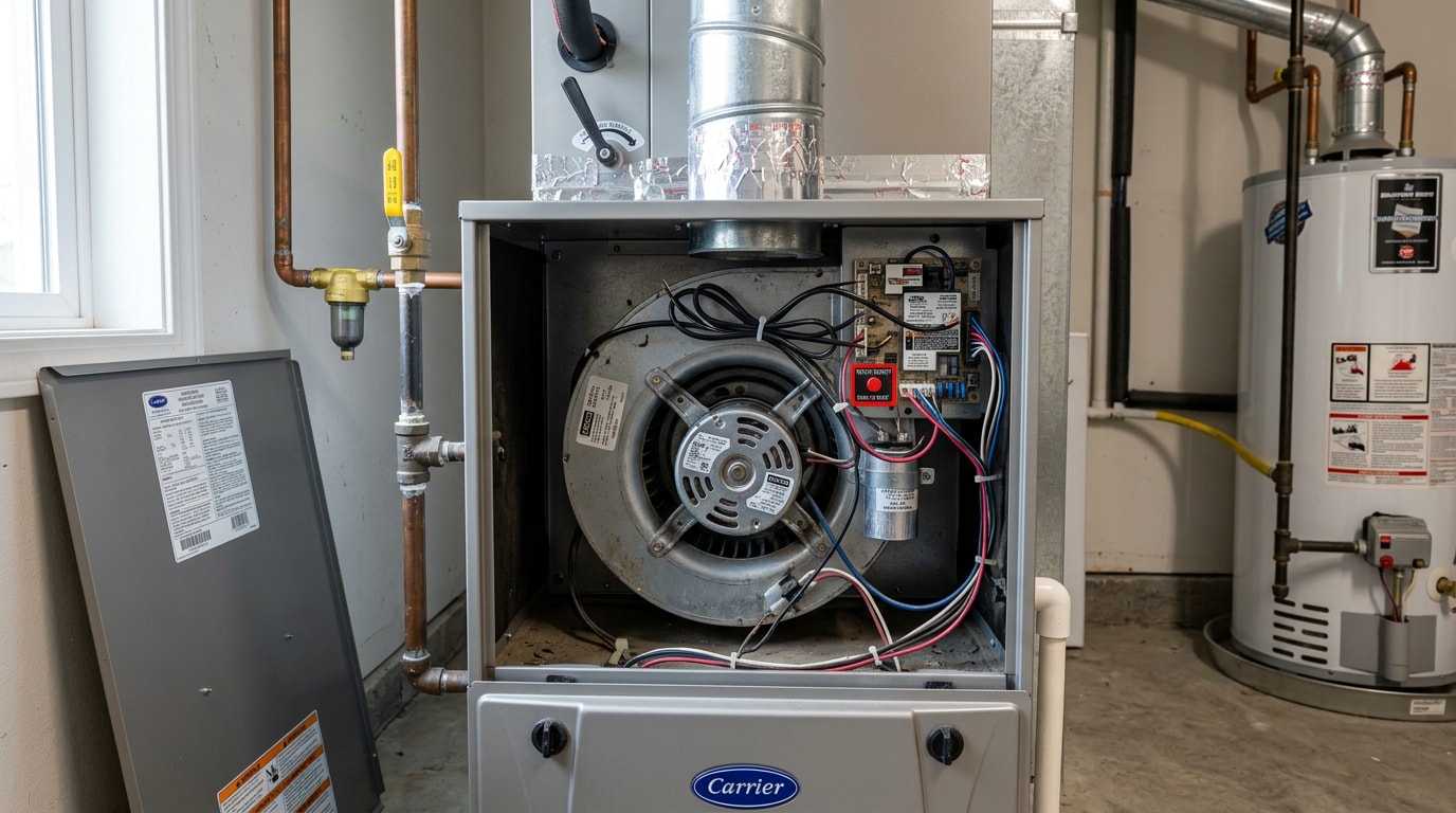 Residential gas furnace with blower compartment open showing the reset button