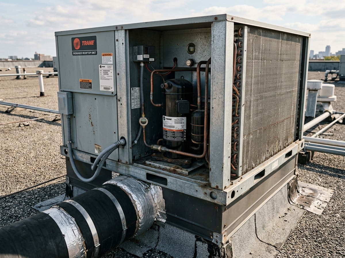 Packaged rooftop air conditioning unit installed on a flat commercial roof in Independence, MO