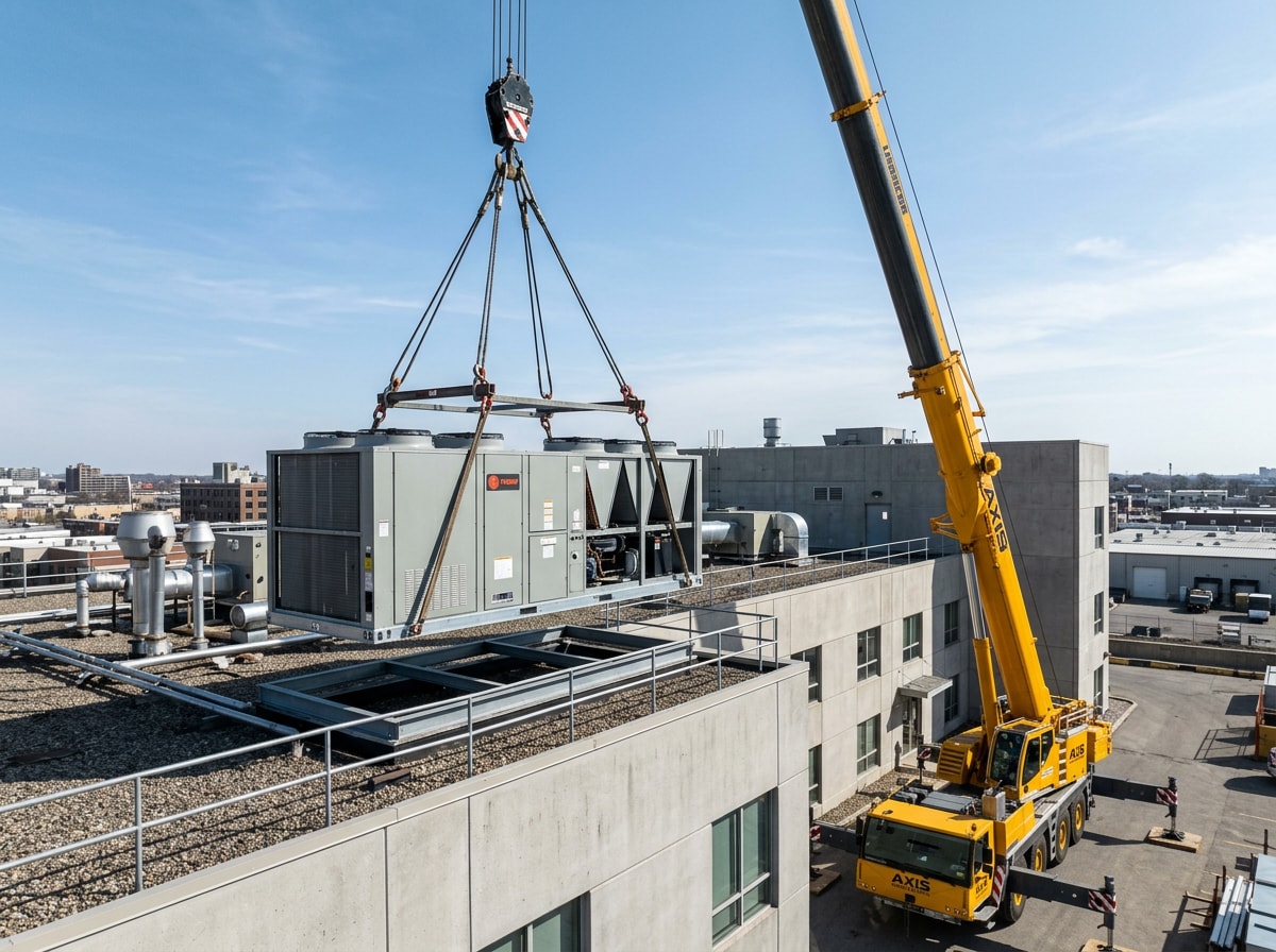 Crane lift equipment used to replace a commercial rooftop air conditioning unit