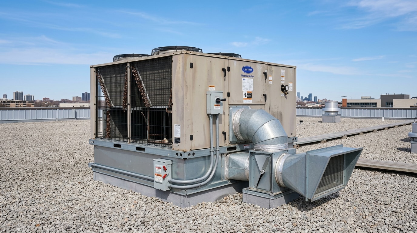 Commercial rooftop air conditioning unit on a flat roof in Independence, MO Commercial rooftop air conditioning unit on a flat roof in Independence, MO