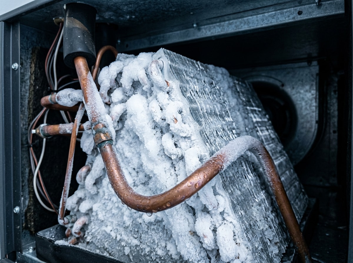 Close-up of ice and frost buildup on an air conditioner's evaporator coil and refrigerant line
