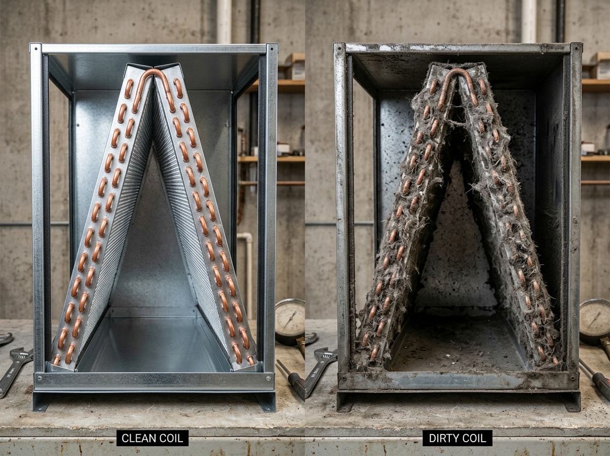 Side-by-side comparison of a clean evaporator coil and a dirty, debris-covered evaporator coil