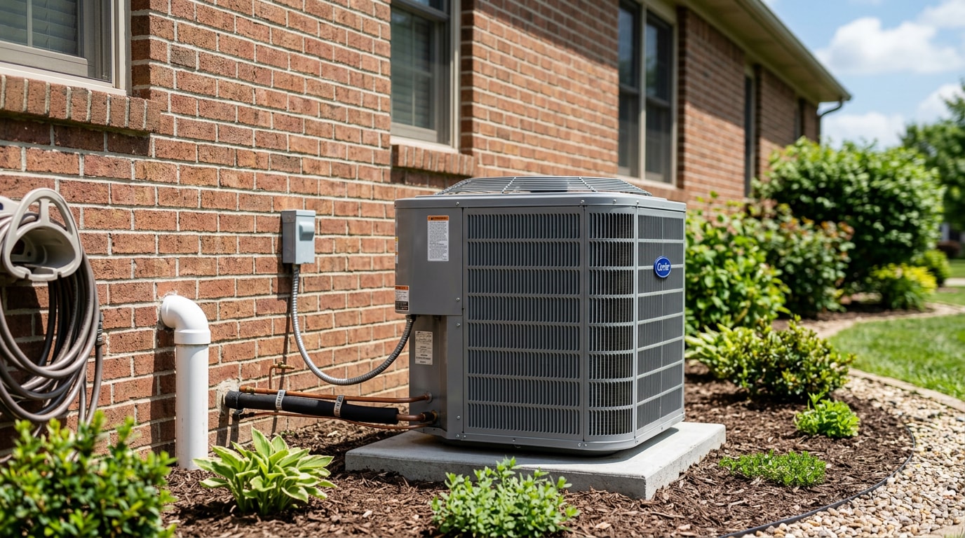 Residential central air conditioner condenser unit outside a home