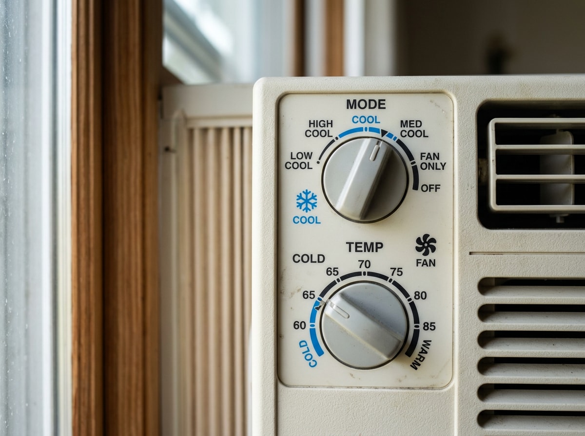 Window AC control panel showing Cool mode selected and the temperature dial set low