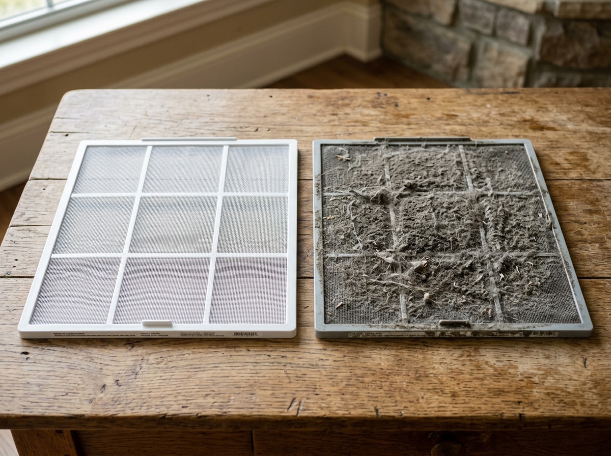 Side-by-side comparison of a clean window AC filter and a dust-clogged filter