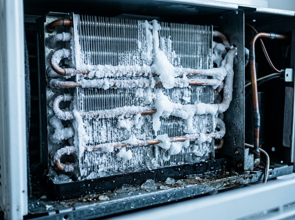 Visible ice and frost buildup on a window air conditioner's evaporator coil