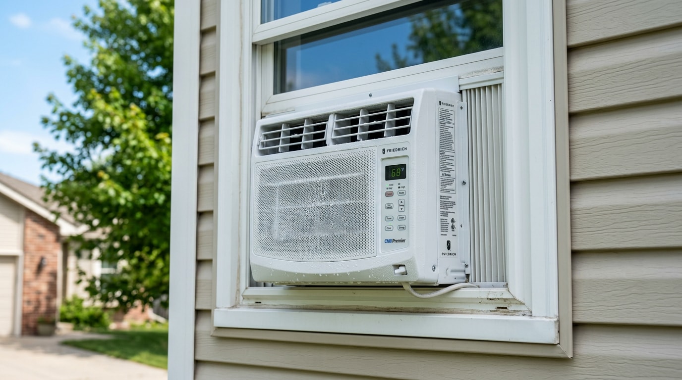Window air conditioner installed in a home window on a sunny day Window air conditioner installed in a home window on a sunny day