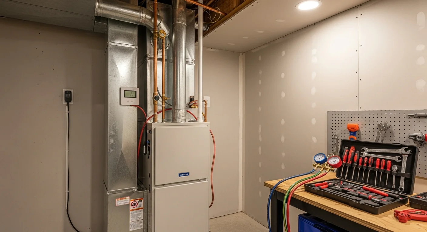 Technician servicing home furnace system