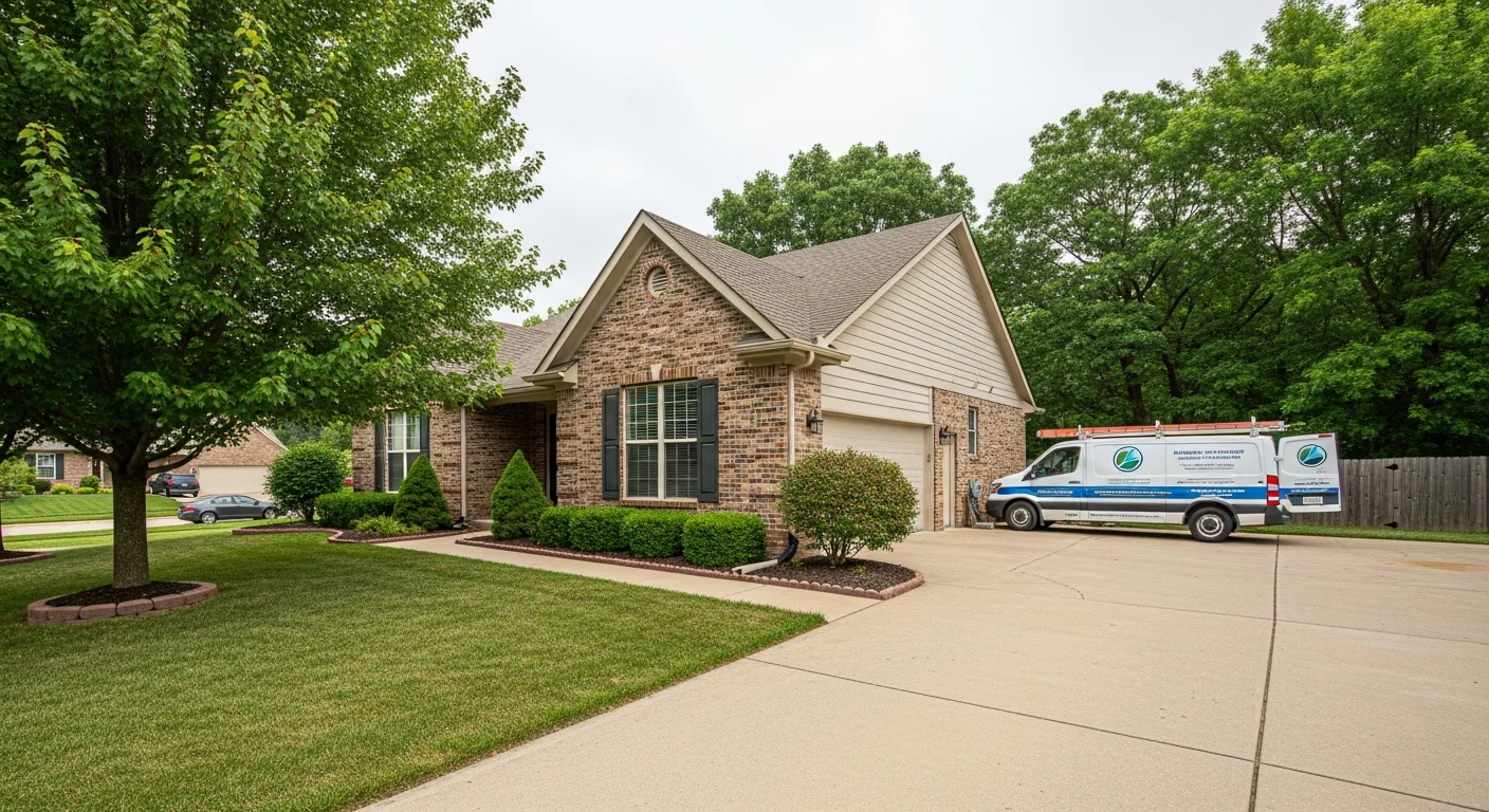 Suburban Lee's Summit home with manicured lawn and driveway, tree-lined street in background.