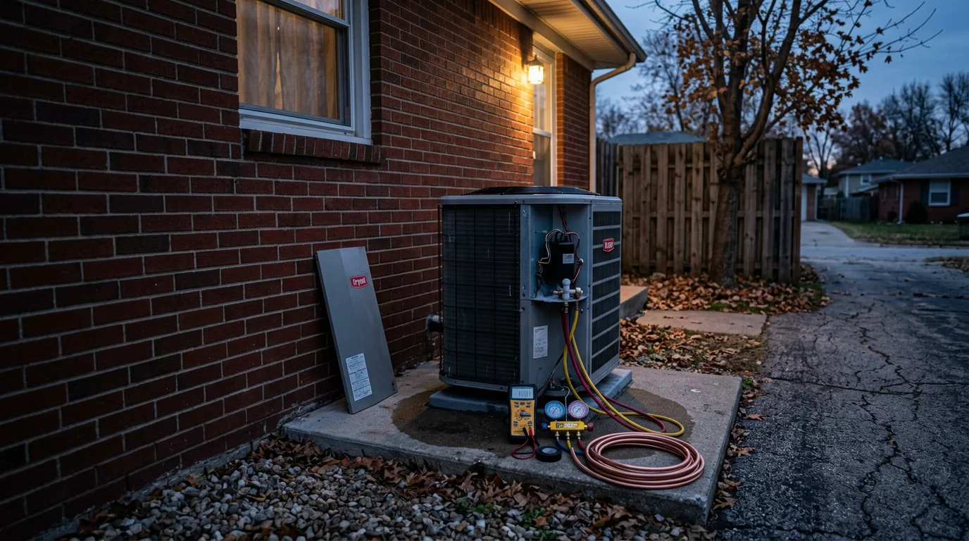 An HVAC technician inspecting a residential furnace unit at a home in Lee's Summit, Missouri during an after-hours emergency service call. The technician is reviewing the system components in a utility room with tools visible on the floor.