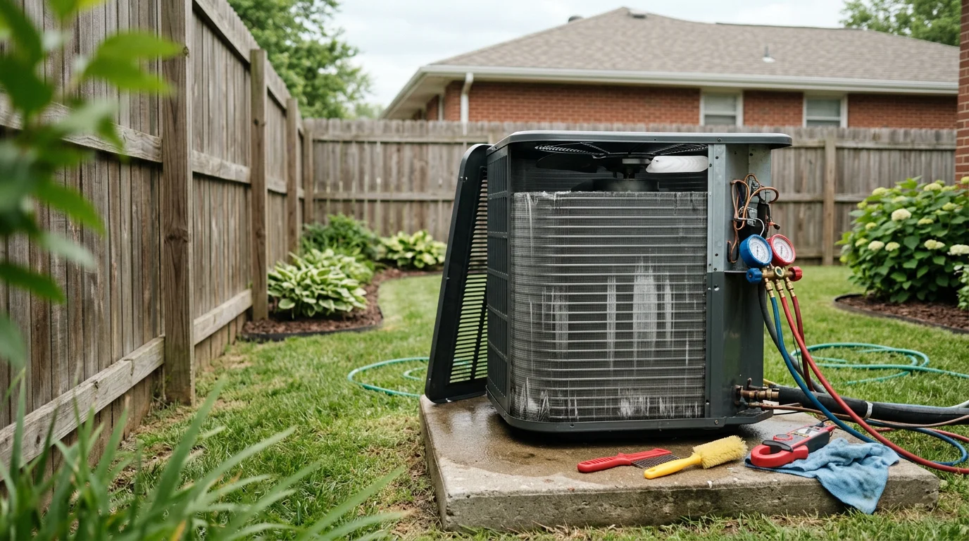 An HVAC technician inspecting and cleaning the outdoor condenser unit of a central air conditioning system at a residential home in Lee's Summit, Missouri. The technician checks components on a clear day with a typical suburban home visible in the background.