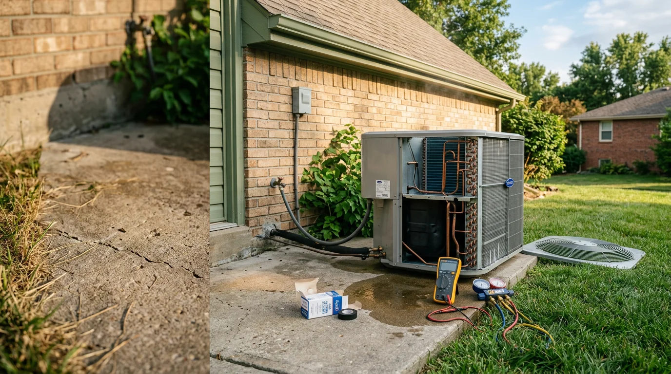 An HVAC technician inspecting the outdoor condenser unit of a residential A/C system on a sunny day in Lee's Summit, Missouri. The technician is checking electrical components with a multimeter during an A/C repair service call.