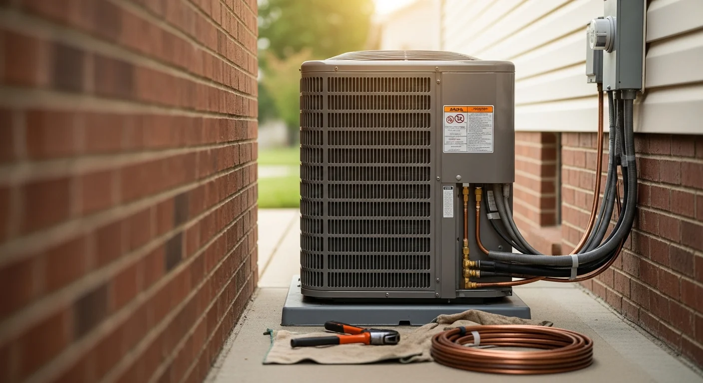 A newly installed central air conditioning unit mounted on a concrete pad beside a single-family home in Lee's Summit, MO. A technician in a work uniform checks the system connections on a clear summer day.