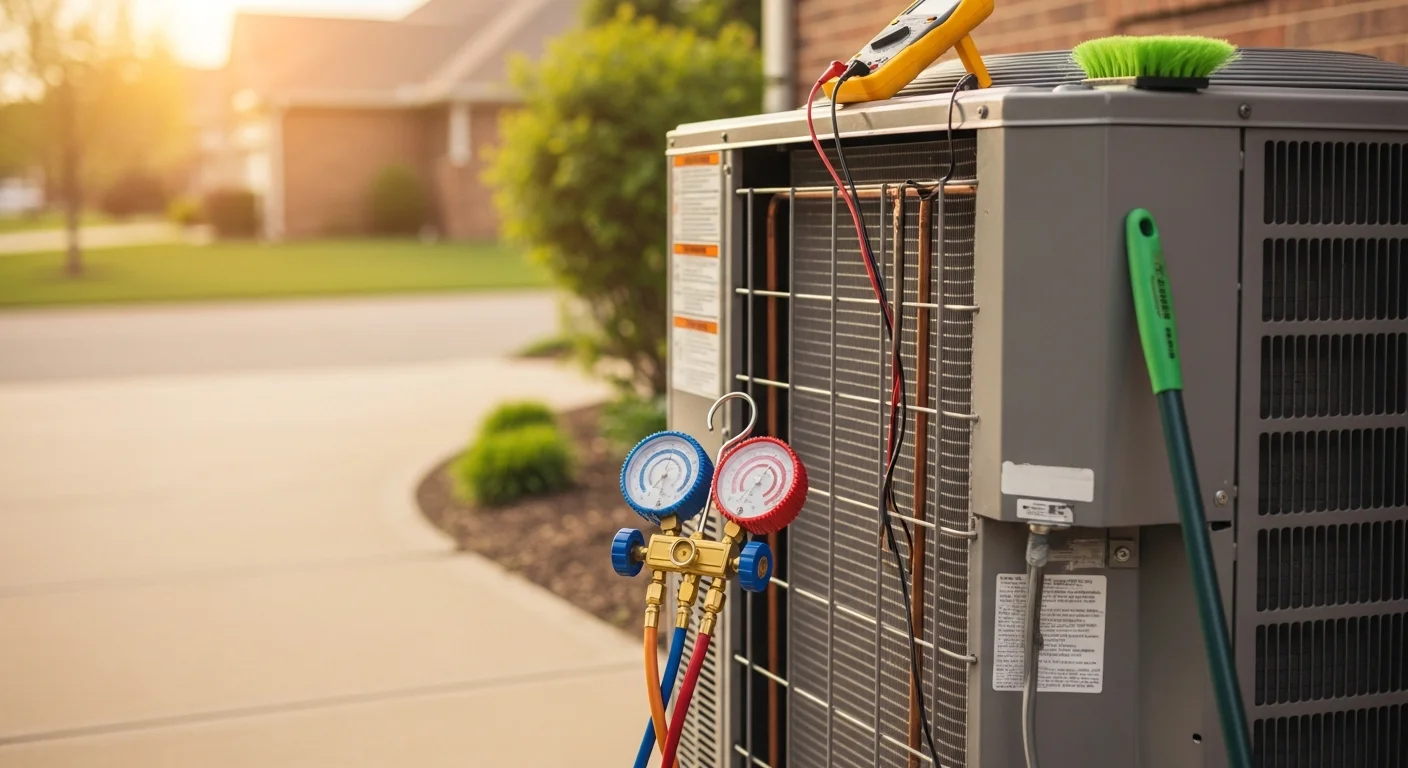 A Jackson County Comfort Heating and Cooling technician inspecting and cleaning the outdoor condenser unit of a central air conditioning system at a residential home in Lee's Summit, Missouri. The technician checks internal components during a scheduled annual maintenance visit on a clear summer day.
