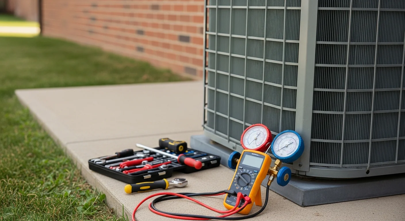 A Jackson County Comfort Heating and Cooling technician inspecting an outdoor AC condenser unit at a single-family home in Lee's Summit, MO. The technician checks internal components on a clear summer day with a residential neighborhood visible in the background.