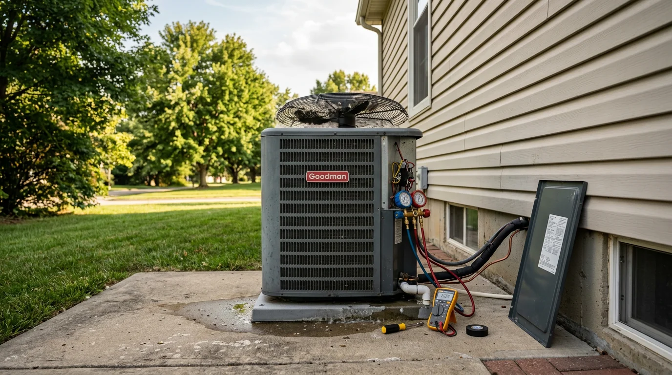 An HVAC technician inspecting the outdoor condenser unit of a central air conditioning system at a residential home in Lee's Summit, Missouri. The technician checks refrigerant lines and electrical components on a warm summer day.