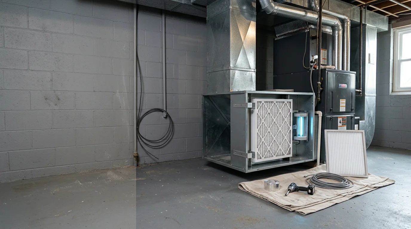 An HVAC technician installing a whole-home air purification unit inside a residential ductwork system in Lee's Summit, Missouri. The unit is mounted inline with existing ductwork in a utility room of a single-family home.