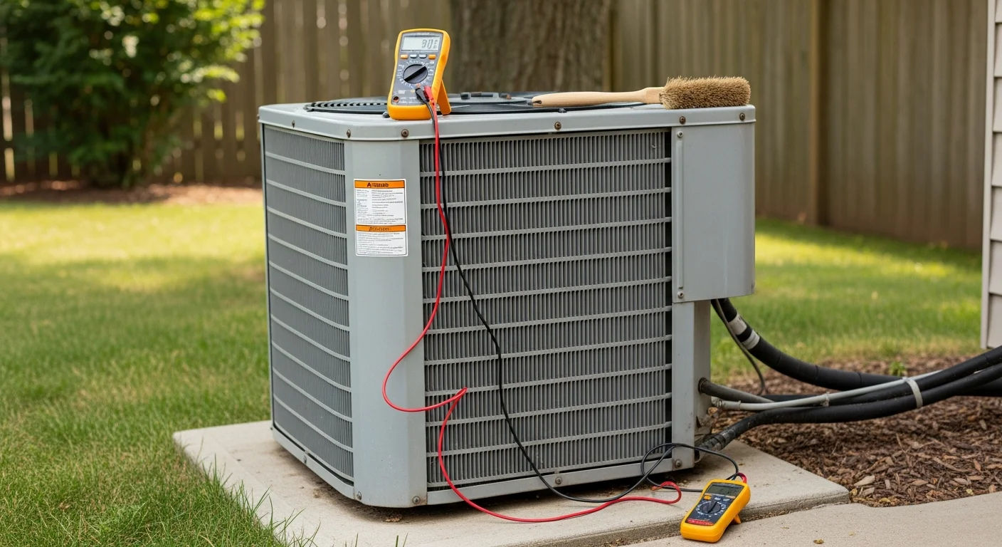 A technician inspecting an outdoor AC condenser unit beside a residential home in Lee's Summit, MO. The technician is checking internal components with the access panel open on a clear summer day.