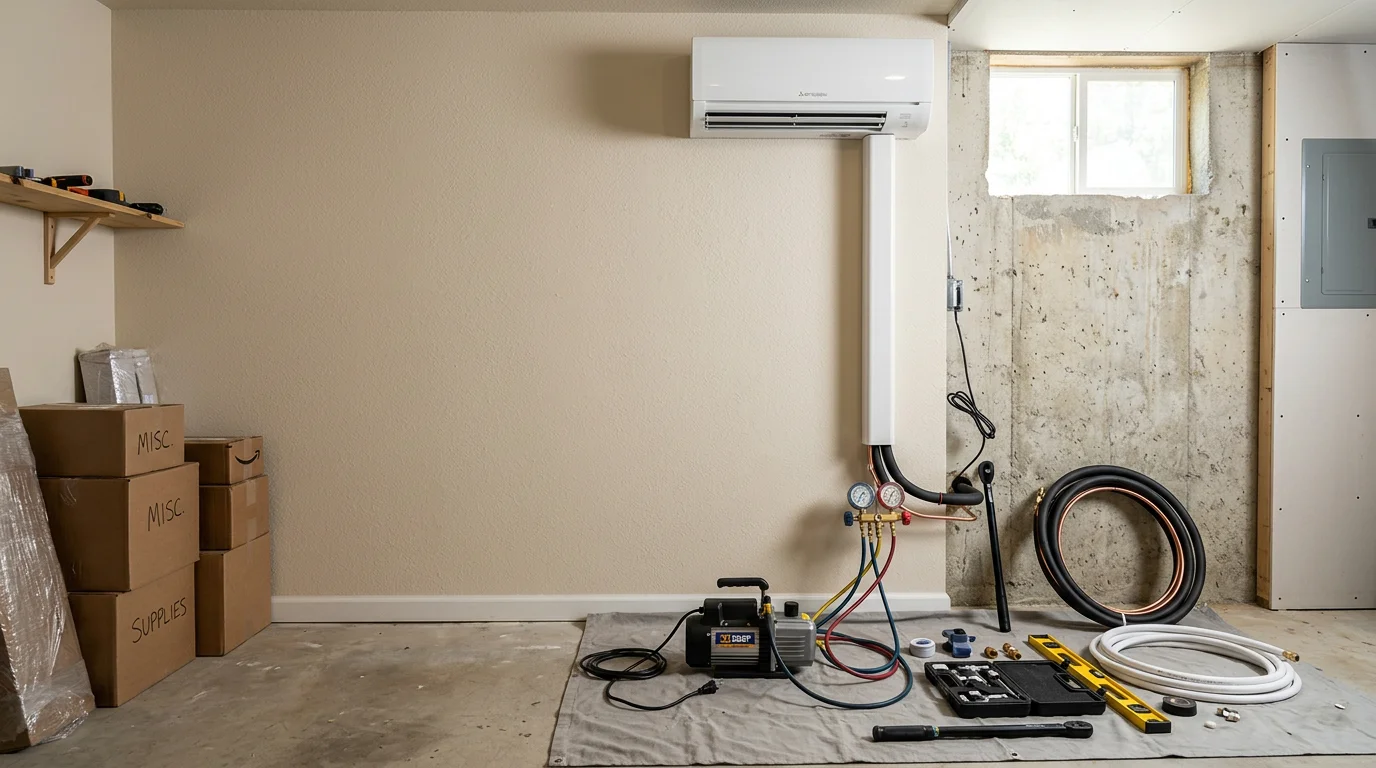 A wall-mounted ductless mini-split air handler installed in a finished room addition in Lee's Summit, Missouri, with a small outdoor compressor unit visible through the window. The indoor unit is mounted high on the wall above a seating area, showing a clean, low-profile installation.