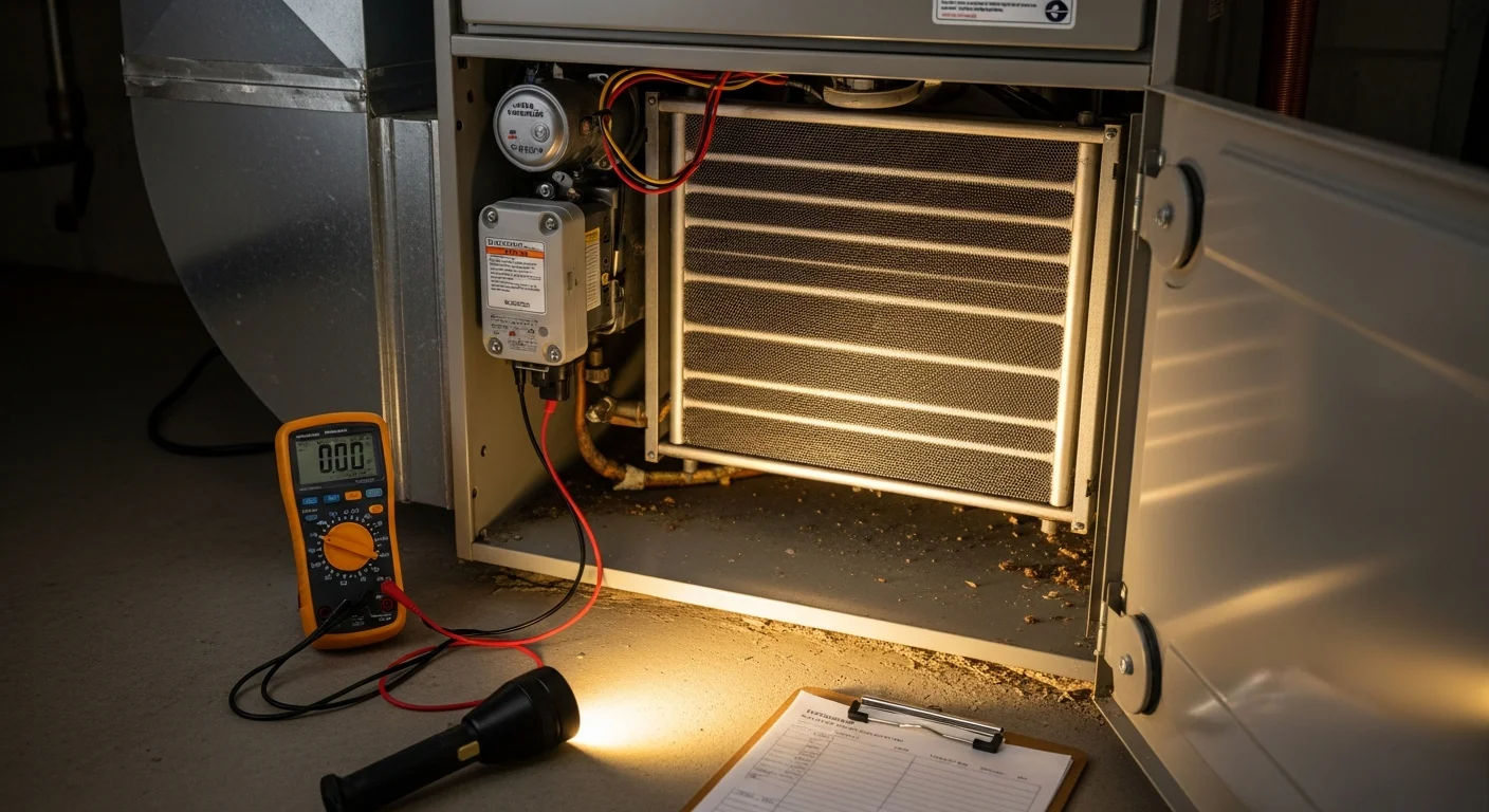 A heating contractor inspecting a gas furnace inside a single-family home in Lee's Summit, Missouri during winter. The technician is checking internal components with a diagnostic tool while the homeowner stands nearby.
